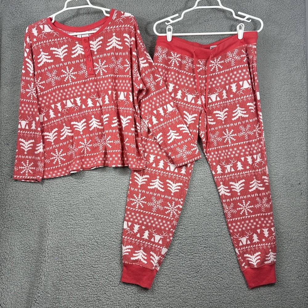 Joyspun Women's Pajama Set‎ L 12-14 Red White Waffle Winter Christmas Holiday